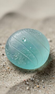 Translucent Teal Colored Glass Ball Resting On Sandy Ground Sphere Etched Pattern Of To Leaf Veins With Water Droplets Clinging Surface Suggesting Recently