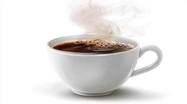 Steaming cup of coffee with a white ceramic mug on a bright, clean surface, close-animated movie shot