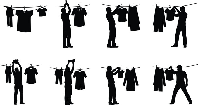 People hanging laundry on clothesline silhouette icon set for housework and domestic chores