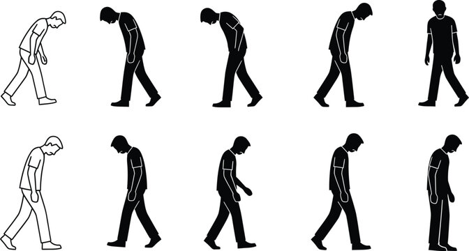 Sad man walking silhouette and outline set showing depressed disappointed and exhausted posture poses