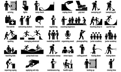 Naklejka premium Black silhouette icons, business and sports activities, vector graphics set, 40 people actions
