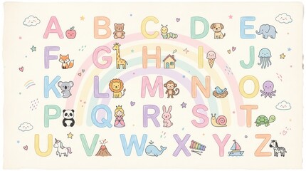Obraz premium Charming animal/object alphabet letters on a pastel rainbow