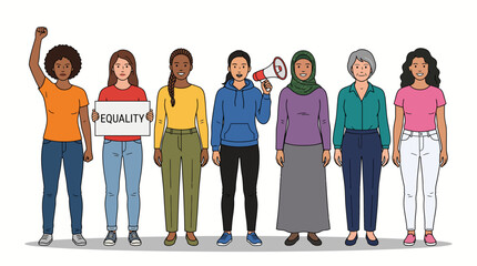 Fototapeta premium Group of diverse women standing together holding a sign for equality and justice.