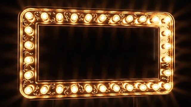 Glowing Hollywood vanity mirror with bright incandescent light bulbs.