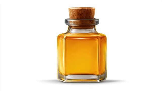 Small glass bottle with cork stopper filled with a yellow liquid, likely glue, against a white