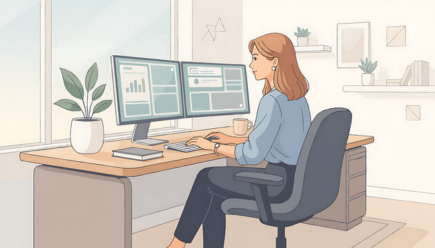 Woman working at a desk with dual monitors in a bright modern home office illustration