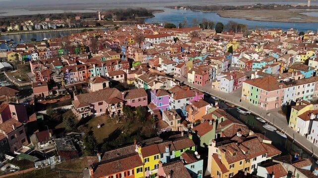 Aerial view of the colorful houses and rooftops of Burano island in the Venetian lagoon, Venice, Veneto, Italy.