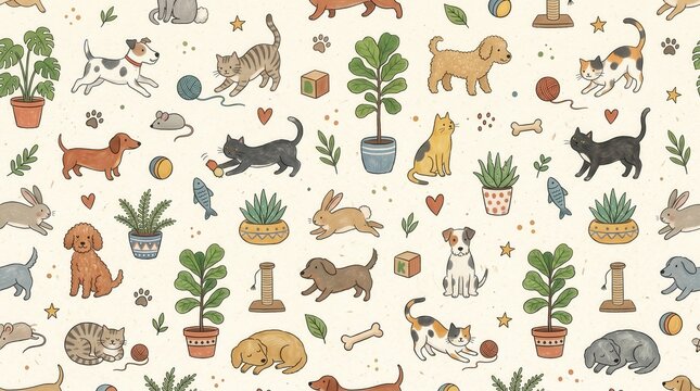 Seamless pattern of diverse pets and plants. Cats play with yarn, dogs run, rabbits leap