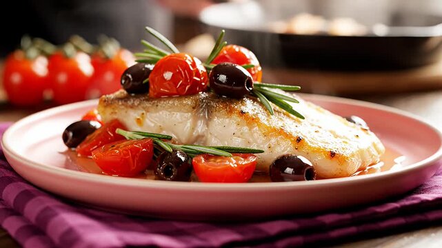 Pan-seared white fish with cherry tomatoes and olives.