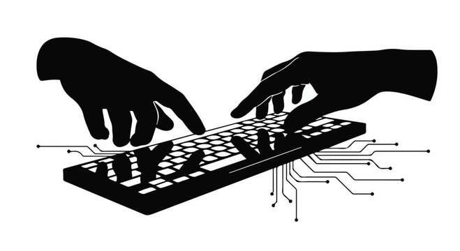 Silhouettes of hands typing on a futuristic keyboard, connected to circuits, symbolizing digital connection and technology.