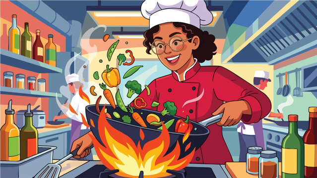 Female Professional Chef Cooking Fresh Vegetables in a Wok with High Flames in a Busy Restaurant Kitchen Environment