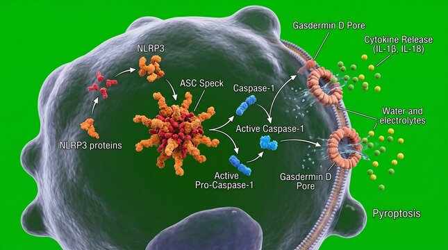 Inflammasome Complex Illustration With Labeled Molecular Components And Green Background