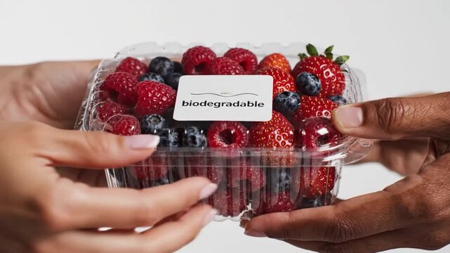 Hands exchanging biodegradable berry container with fresh fruit
