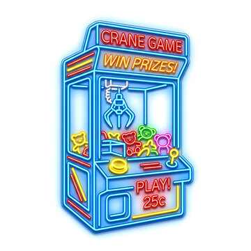 Neon Sign Of A Crane Game Machine With Prizes Isolated On White