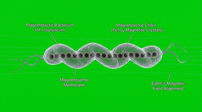 Magnetotactic Bacterium With Magnetosome Chain Scientific Illustration On Green Background