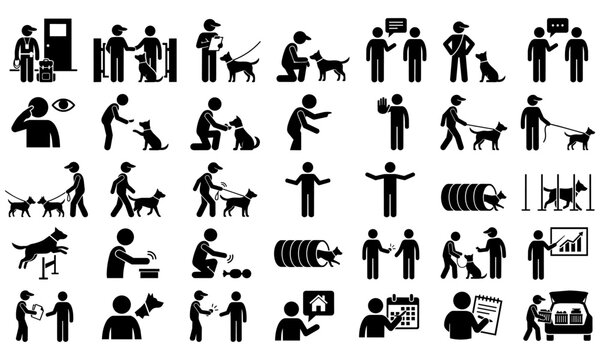 Dog Training, Pet Care, Silhouette Icons, Black Vector Graphics, 40 Dog Walking, Pet Sitting, Animal Behavior Illustrations