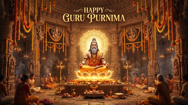 Vibrant Guru Purnima celebration with a wise guru meditating amidst colorful flowers, fruits, and an open holy book in an ornate temple hall