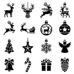 Fototapeta premium Christmas icons reindeer sleigh ornaments tree snowflake angel gift