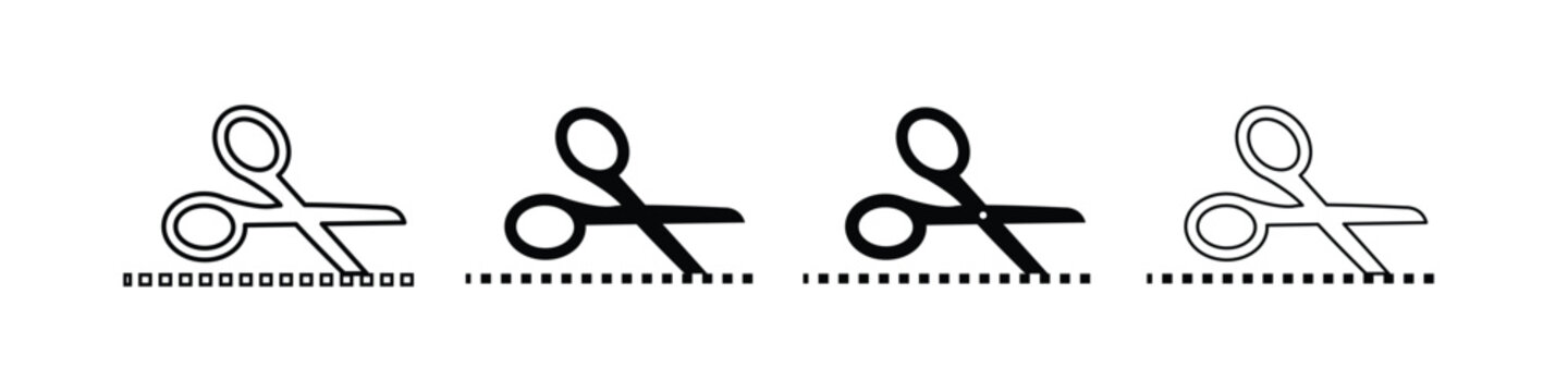 Scissors cutting set of line icons, scissors in open and closed positions with dashed cutting line, coupon border icon, cutting line