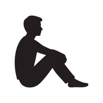 Silhouette of seated man in side view, relaxed sitting pose isolated on white background