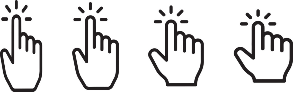 Click hand cursor icon collection with pointer and clicking symbols for website navigation, app interfaces, user experience design, buttons and interactive elements.