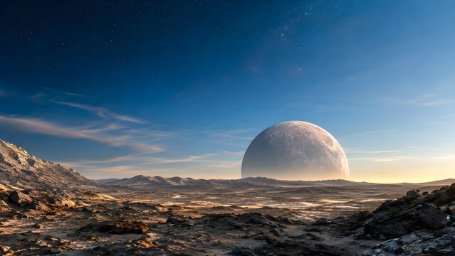 Immersive barren rocky landscape on an alien planet with a massive grey moon rising on the horizon. Detailed 3D render suitable for fantasy backdrops, sci-fi movies, and game design.