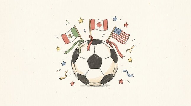 Mexico, Canada, US flags, soccer ball, confetti, stars
