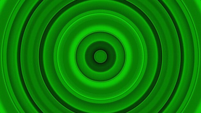 Green abstract tunnel loop background with concentric radio wave circles pulsing neon light and halftone dot texture 4k video