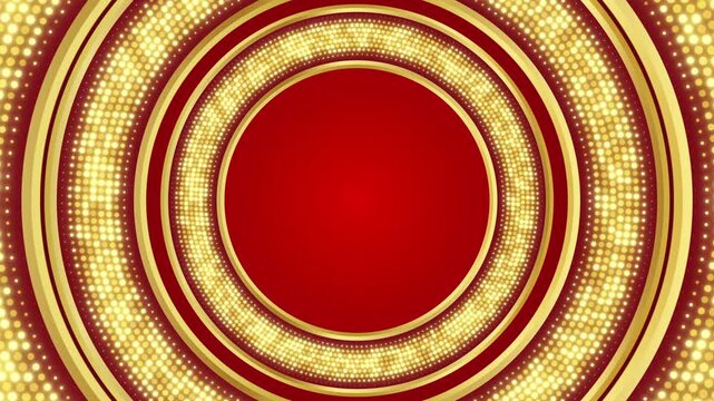Luxury red and gold circle frame background with glowing glitter particle rings and elegant royal award ceremony stage backdrop 4k video