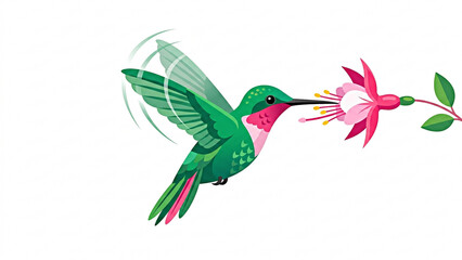 Hummingbird in flight sipping nectar from flower flat vector illustration on white background © Vector4U