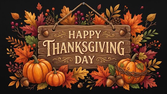 Happy Thanksgiving Day wooden sign with pumpkins and autumn leaves