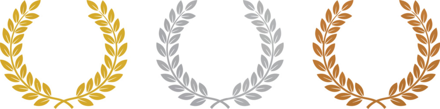 Laurel wreath award icons in gold silver and bronze metallic colors for championship victory.