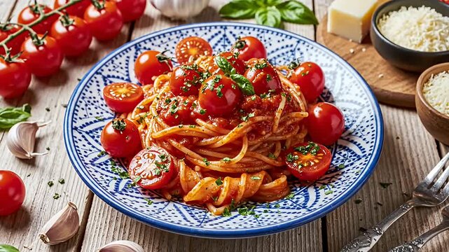 Spaghetti with tomato sauce on blue patterned ceramic plate.
