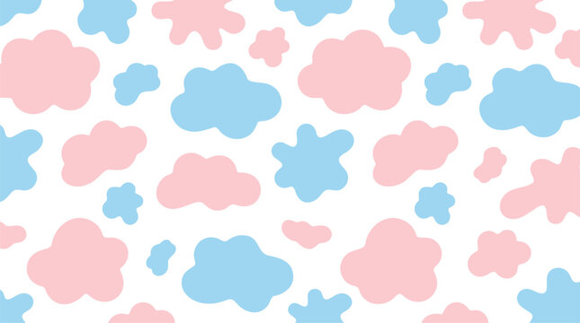 Cute seamless pattern with blue and pink clouds on transparent background.