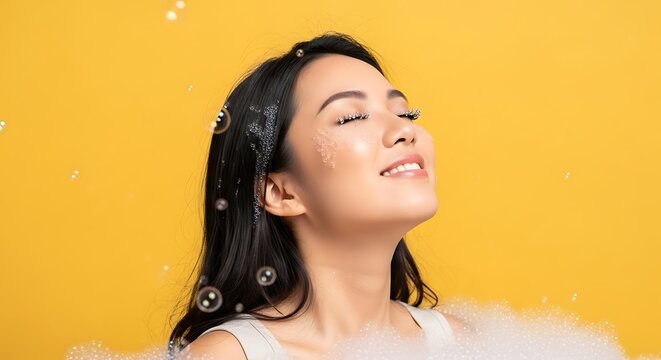 Asian woman with closed eyes smiling.