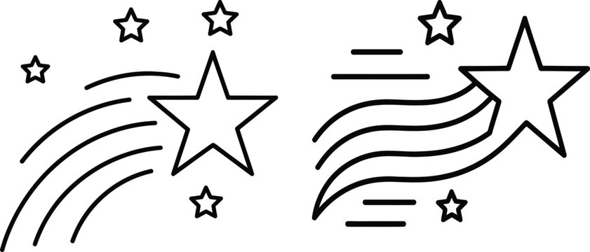Set of black line art shooting star and comet logo icons isolated on white background
