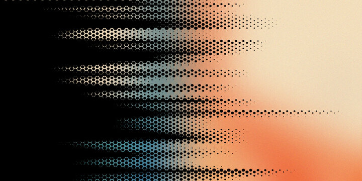 Abstract halftone pattern with orange and blue gradient transition featuring dark honeycomb shapes and digital grainy texture.