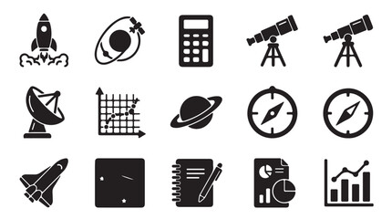 Space, astronomy icons, black vector set, 16 symbols, science and technology © Rafiq