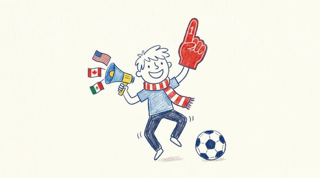 Smiling boy cheers for North American soccer with a megaphone, flags, and a foam finger