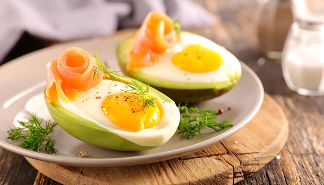 Baked avocado halves filled with eggs and topped with smoked salmon.