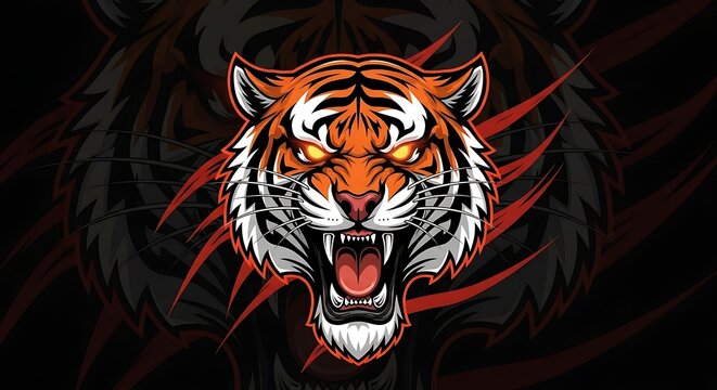 Angry roaring tiger mascot vector illustration on dark background.