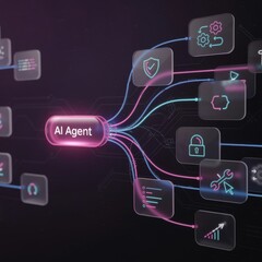 Fototapeta premium Artificial intelligence agent workflow infographic concept with glowing connected glass modules on a dark digital background