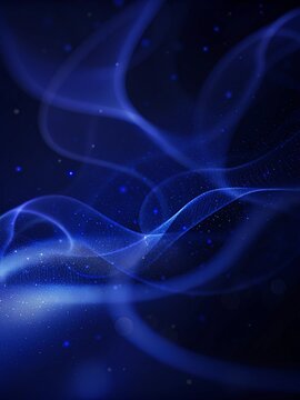 Abstract blue flowing wave background with glowing light trails, soft gradient curves, sparkling particles, futuristic technology design, elegant motion effect, high resolution