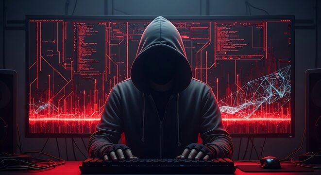 Anonymous hacker in black hoodie typing on keyboard in front of red screens.