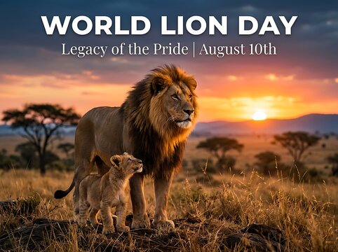Majestic lion and cub standing together in the wild savanna at sunset for world lion day celebration