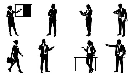 Fototapeta premium Collection of professional business person silhouettes in various dynamic poses like walking with a briefcase and gesturing, perfect for corporate designs.