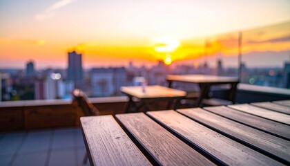 Obraz premium ウッドデッキ ルーフトップ テラス席 夕日 サンセット 木目 質感 テーブル 遠近感 ボケ味 開放感 都市風景 シルエット 黄昏 マジックアワー リラックス カフェテラス ライフスタイル スタイリッシュ プレースホルダー 背景素材