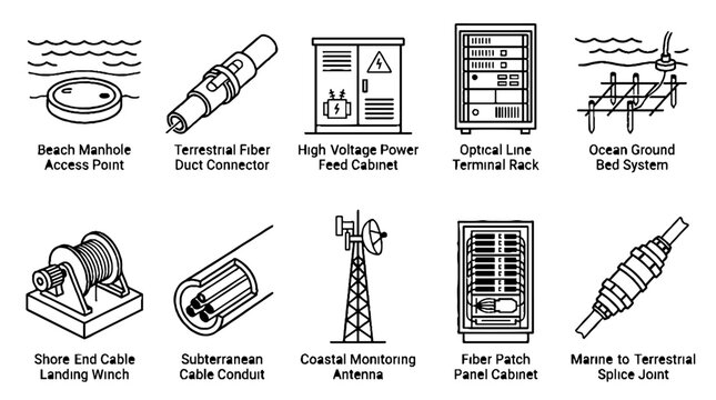 Submarine Communication Cable Infrastructure and Telecommunications Equipment Line Art Icons Set.