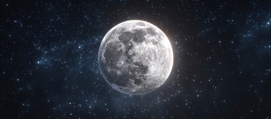 Naklejka premium Full moon illuminated against a dark starry sky, showcasing detailed lunar surface features and surrounding celestial stars in a vast cosmic scene