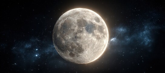 Fototapeta premium Full moon illuminated against a starry night sky with distant galaxies and cosmic dust, showcasing celestial beauty and vastness of space